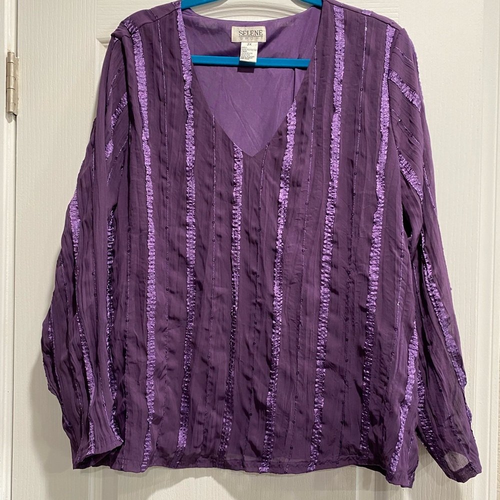 Selene Sport Purple Striped V-Neck Blouse